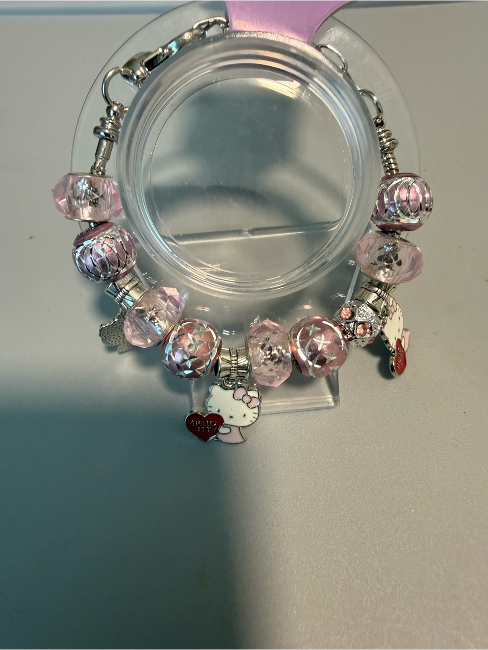 Hello Kitty Pink Beaded Charm Bracelet with Red Heart Accents